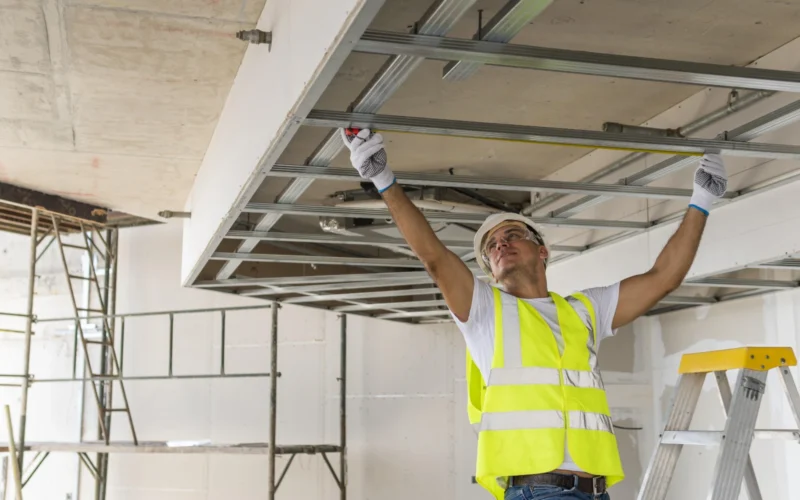 operaio che lavora su un controsoffitto in cartongesso